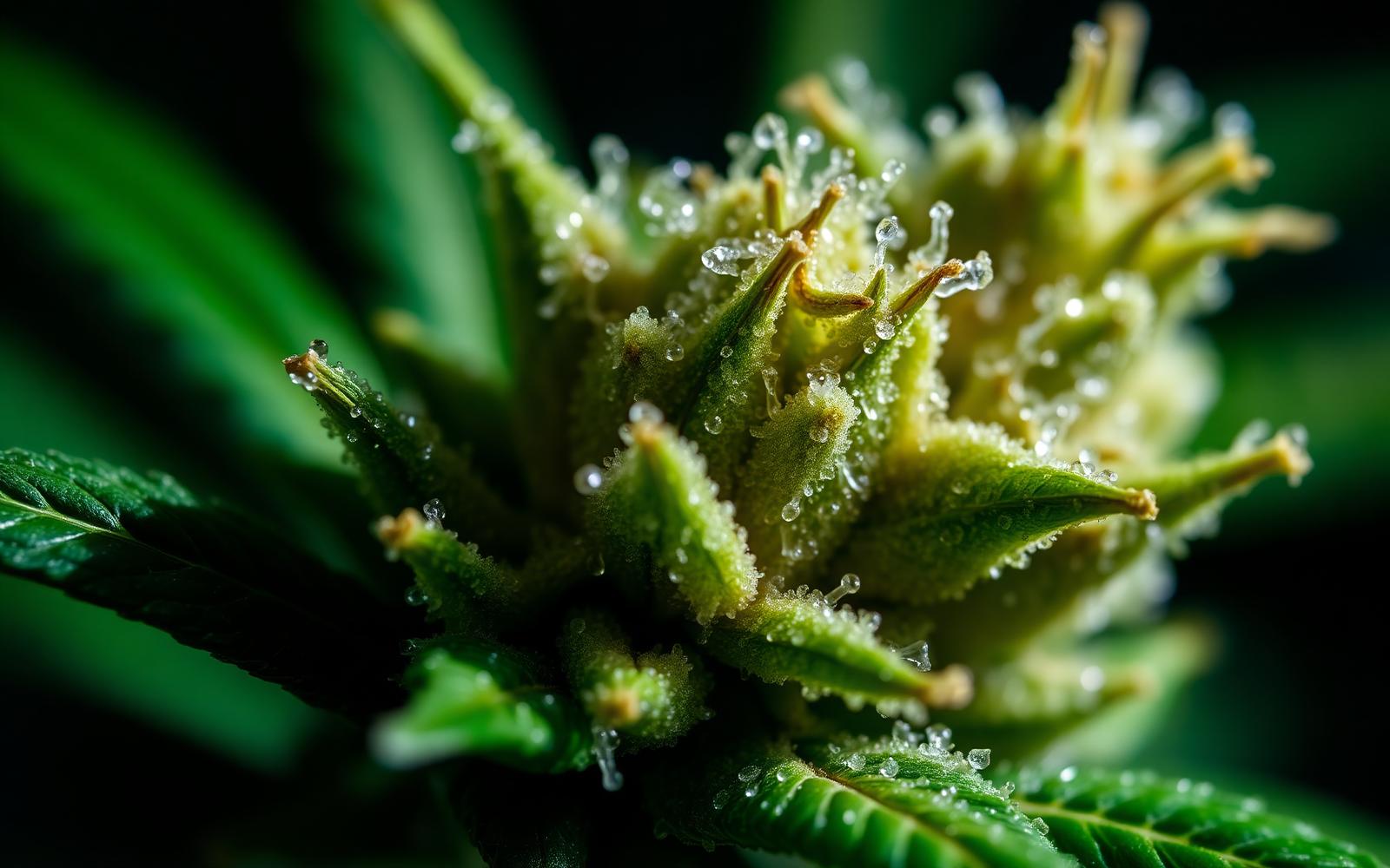 Macro of a crystalline cannabis flower with trichomes